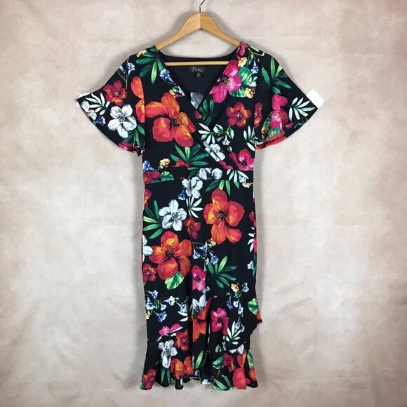 THALIA SODI Black Floral Faux-Wrap Ruffled Dress NWT SMALL - Picture 2 of 10